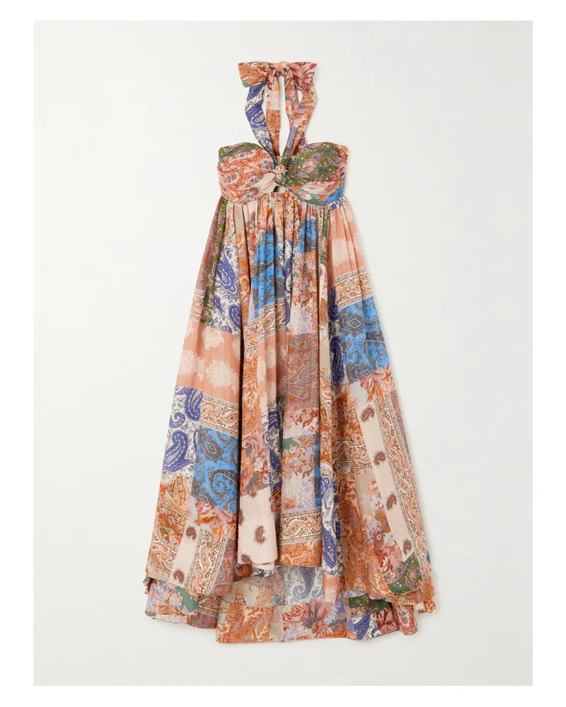 Zimmermann Devi Neckholder-midikleid Aus Seide Mit Paisley-print Und Raffungen - Pink Pink