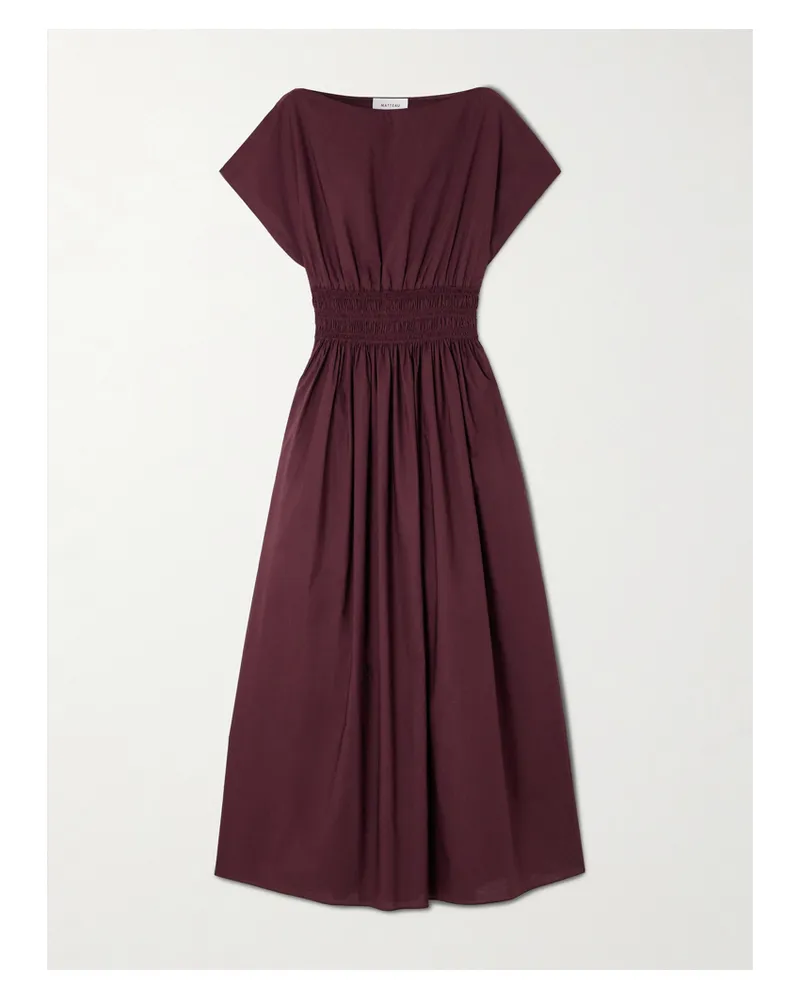 Matteau Shirred Organic Cotton-poplin Midi Dress - Burgundy Burgundy
