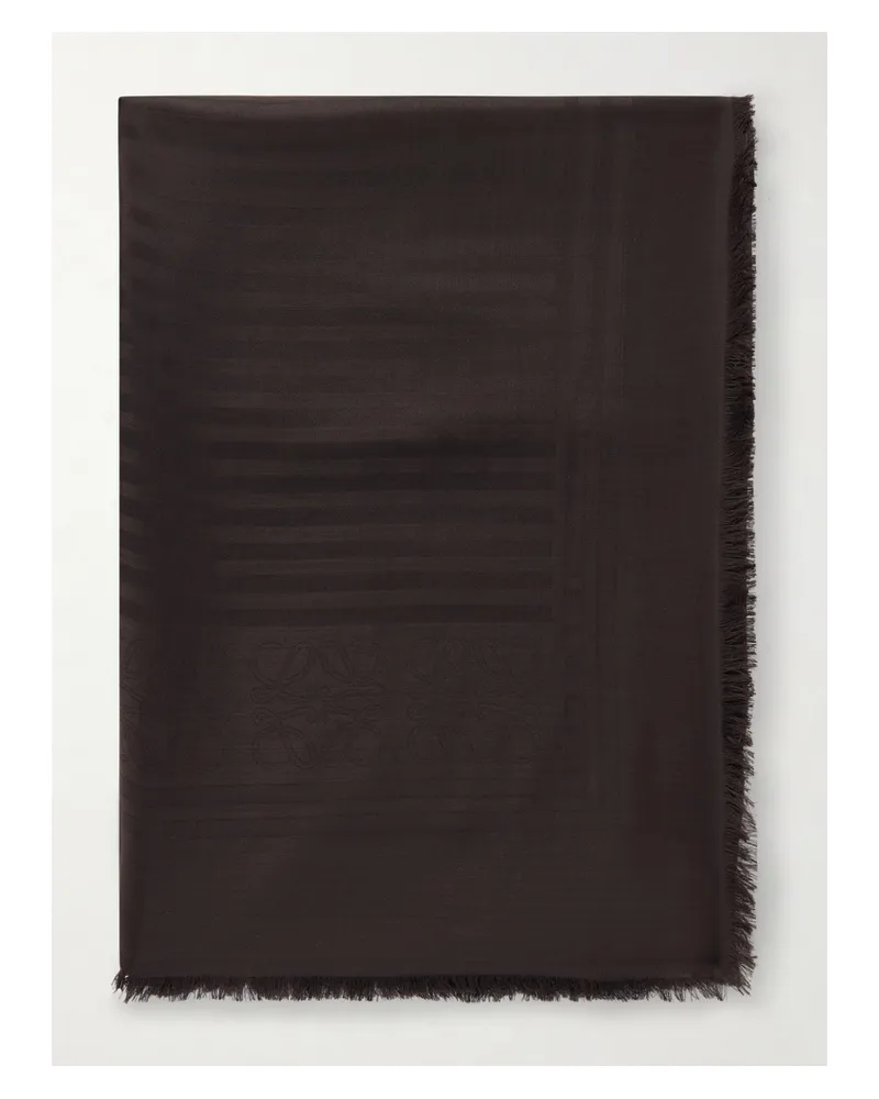 Loewe Fringed Wool And Silk-blend Jacquard Scarf - Brown Brown