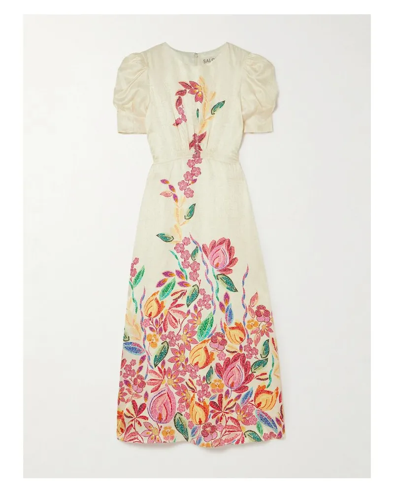 Saloni Bianca Midikleid Aus Seiden-jacquard Mit Print - Creme Creme
