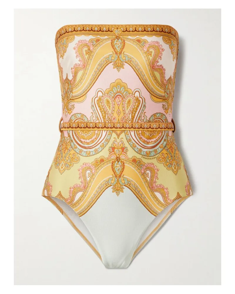 Zimmermann Maxine Trägerloser, Bedruckter Badeanzug Mit Gürtel - Gold Gold