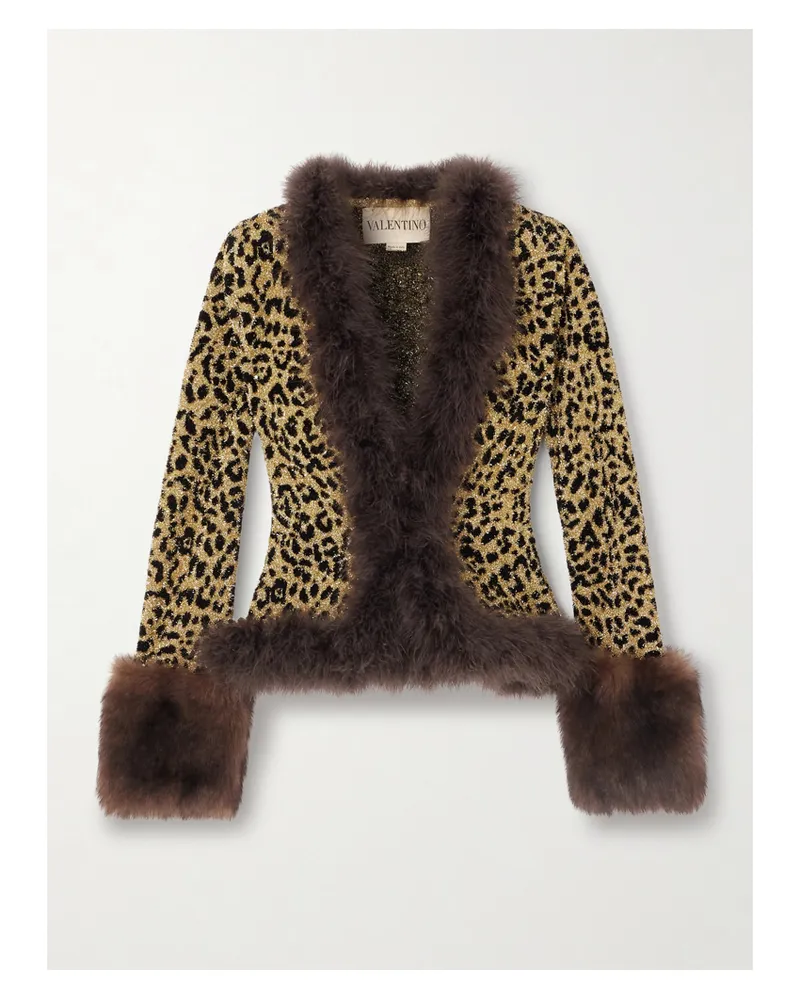 Valentino Garavani Cardigan Aus Lurex® In Jacquard-strick Mit Leopardenmuster, Federn Und Shearling-besätzen - Animal-Print Animal-print