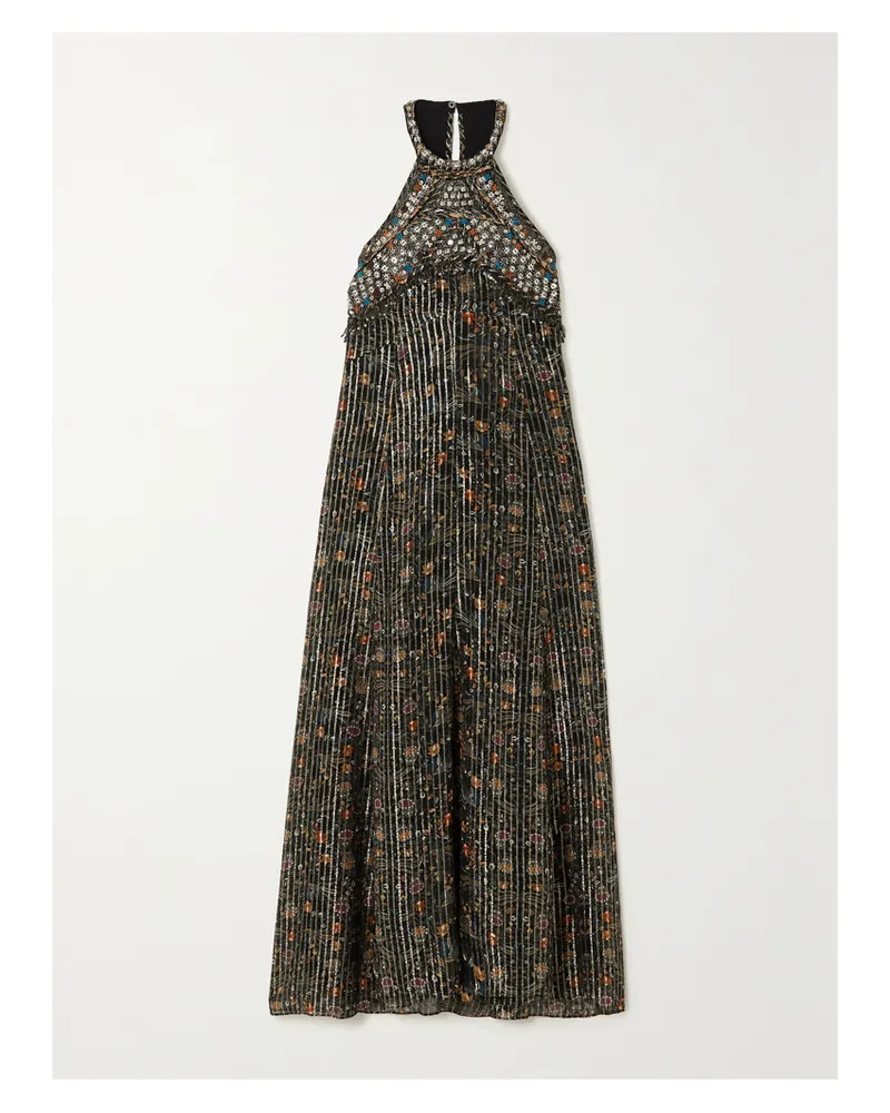 Isabel Marant Ophelie Midikleid Aus Bedrucktem Chiffon Aus Einer Seidenmischung Mit Verzierungen In Metallic-optik - Schwarz Schwarz