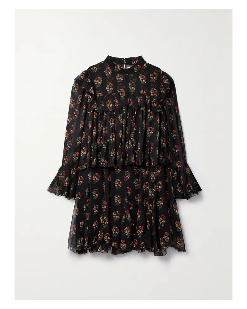DÔEN Alette Gestuftes Minikleid Aus Seiden-georgette Mit Blumenprint Und Rüschen - Schwarz Schwarz