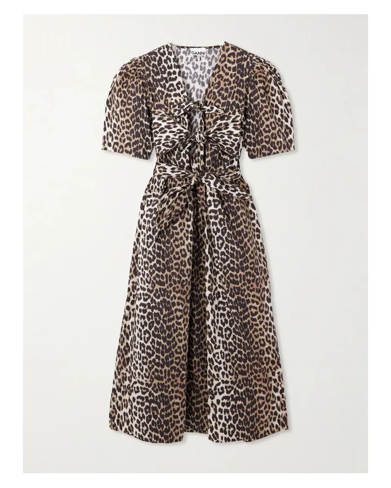 Ganni Midikleid Aus Baumwollpopeline Mit Leopardenprint, Schleifen Und Bindegürtel - Animal-Print Animal-print