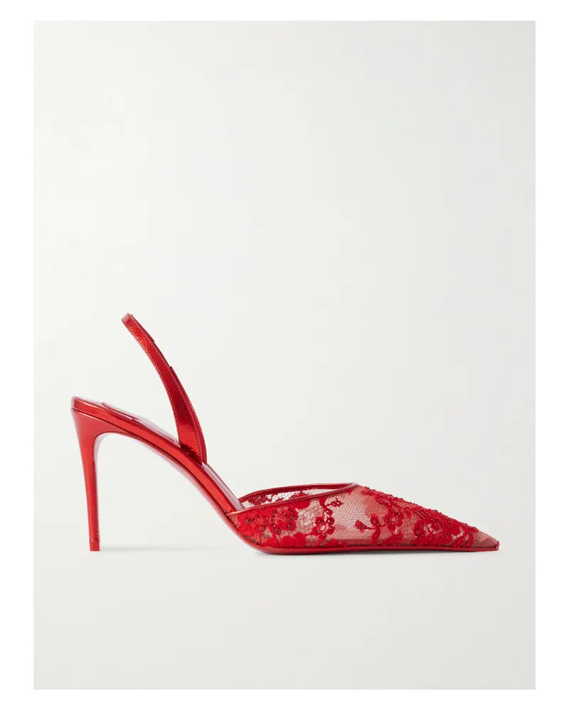 Christian Louboutin Kate Max Metallic Leather-trimmed Crystal-embellished Lace Slingback Sandals - Red Red