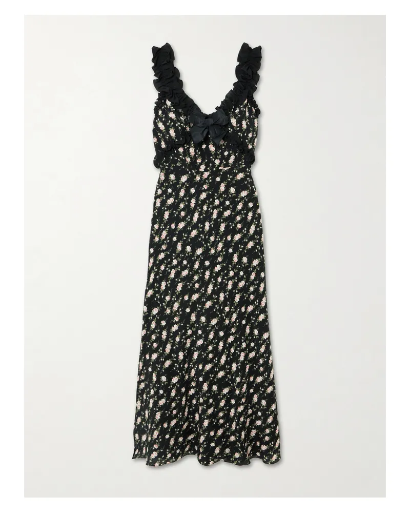 Alessandra Rich Midikleid Aus Crêpe De Chine Aus Seide Mit Blumenprint, Rüschen Und Schleife - Schwarz Schwarz