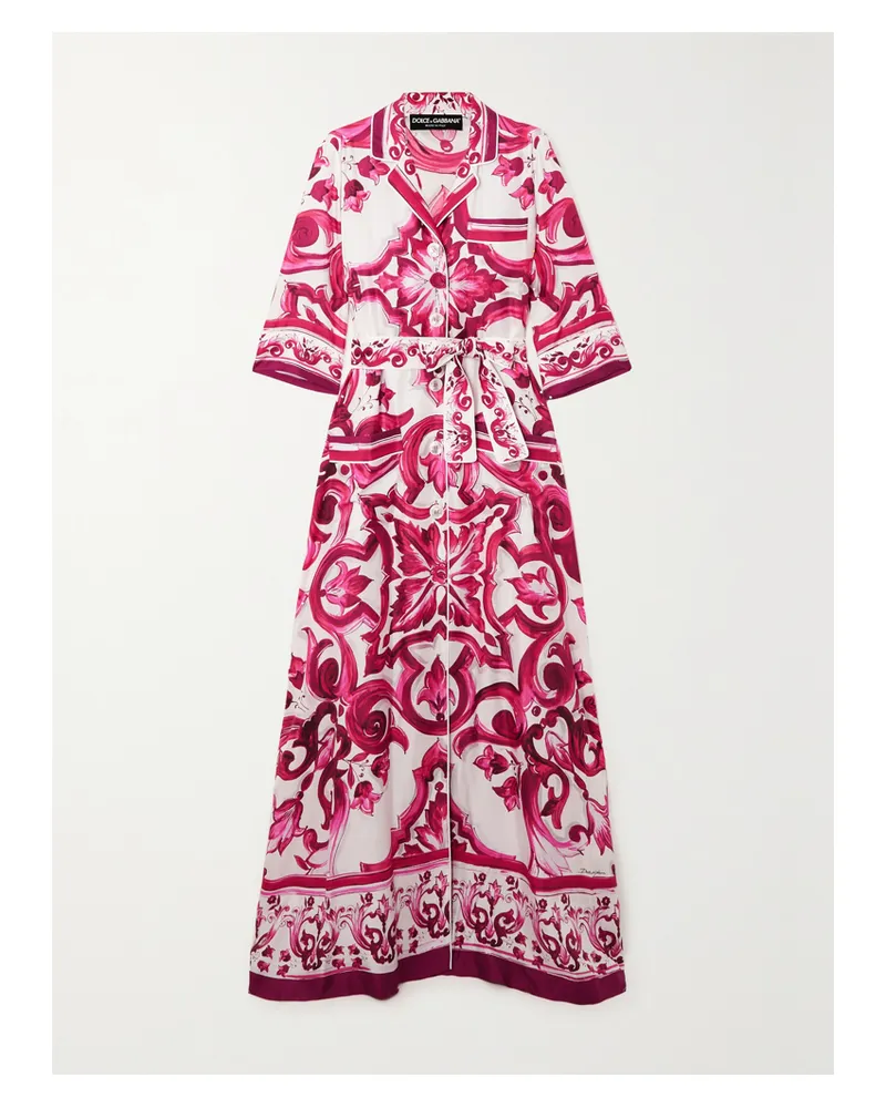 Dolce & Gabbana Maiolica Maxi-hemdblusenkleid Aus Bedrucktem Seiden-twill Mit Bindegürtel - Pink Pink