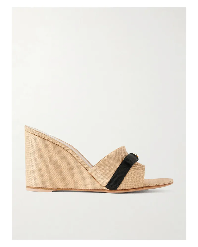Gianvito Rossi 85 Grosgrain-trimmed Raffia Wedge Mules - Neutrals Neutrals
