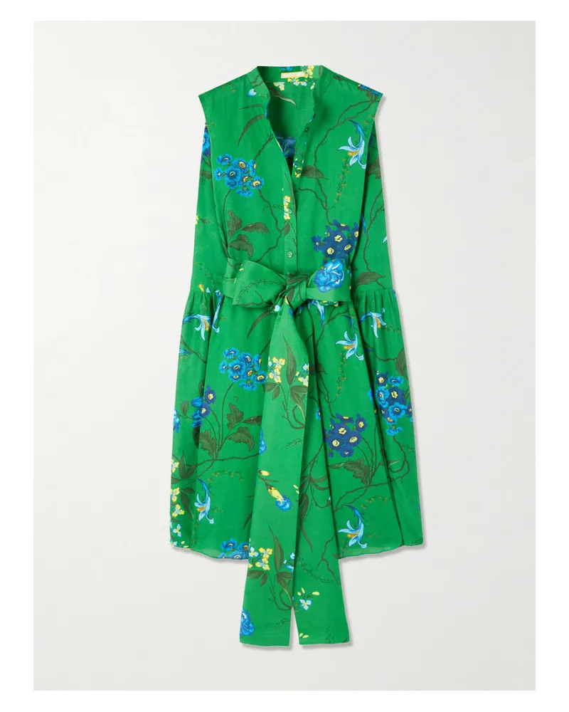 Erdem Kleid Aus Einer Baumwoll-leinenmischung Mit Blumenprint Und Bindegürtel - Grün Grün