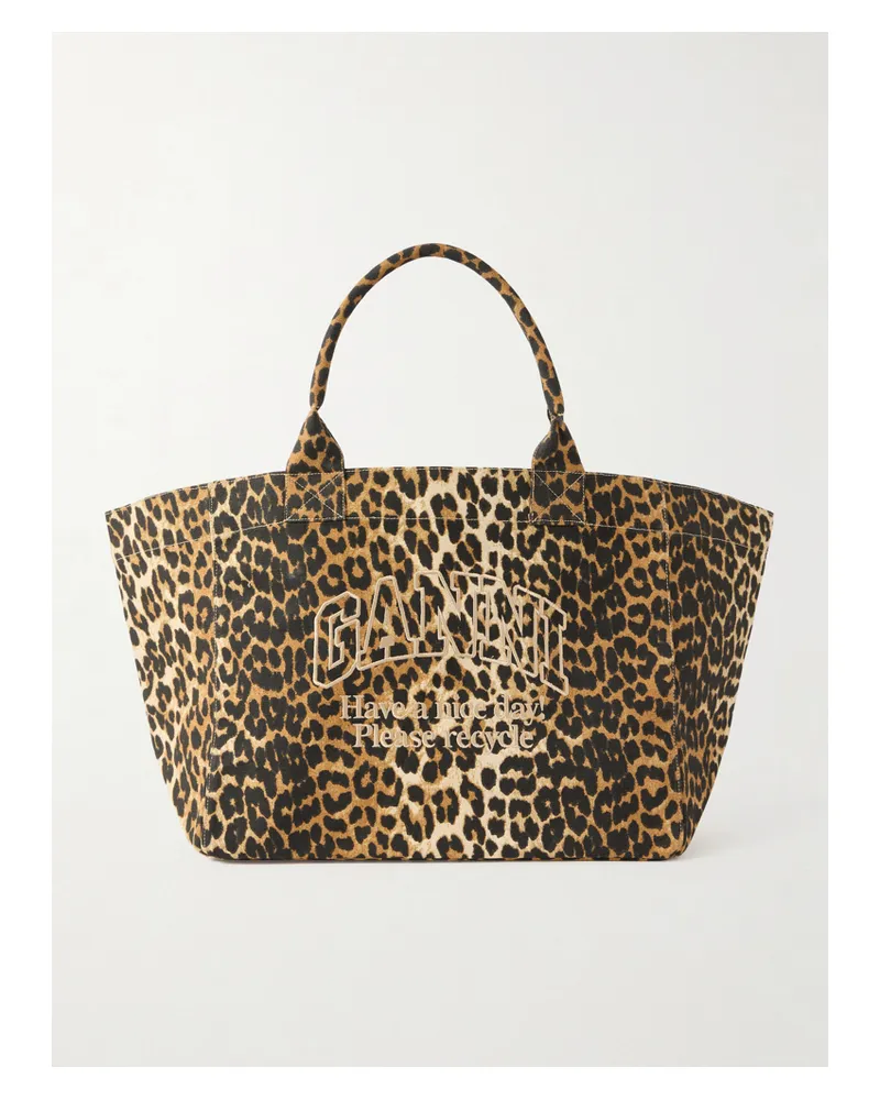 Ganni Shopper Xxl Embroidered Leopard-print Cotton-canvas Tote - Animal print Animal