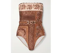 Lucky Trägerloser Badeanzug Mit Print Und Gürtel - Braun