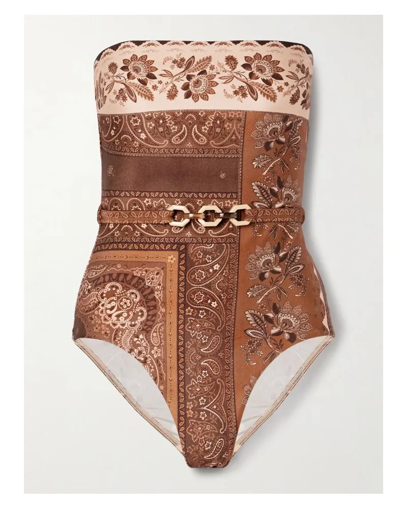 Zimmermann Lucky Trägerloser Badeanzug Mit Print Und Gürtel - Braun Braun