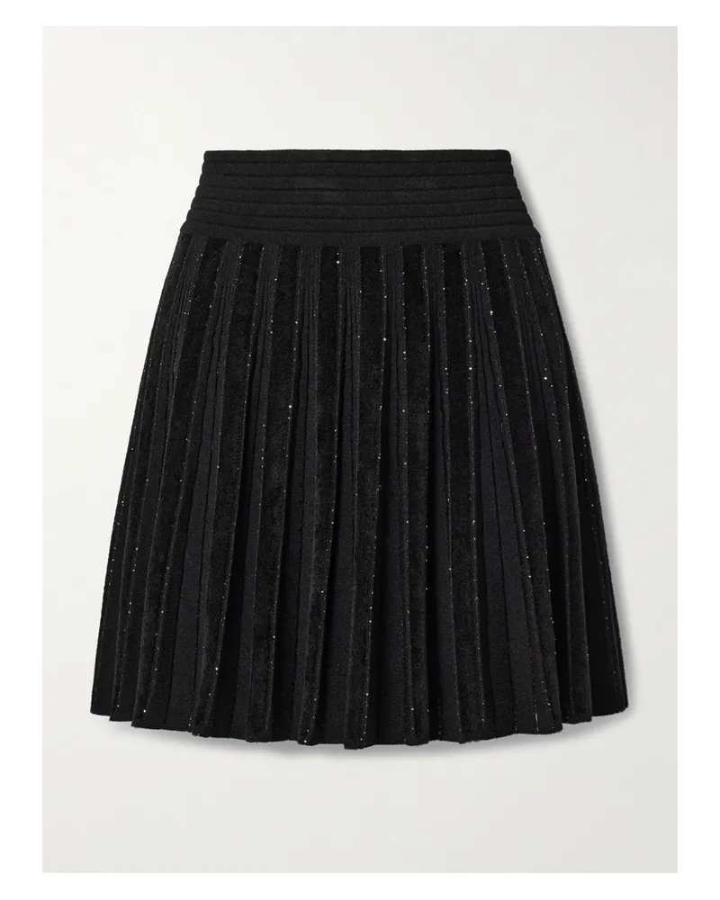 Balmain Minirock Aus Samt Und Rippstrick Mit Pailletten Und Plissee - Schwarz Schwarz