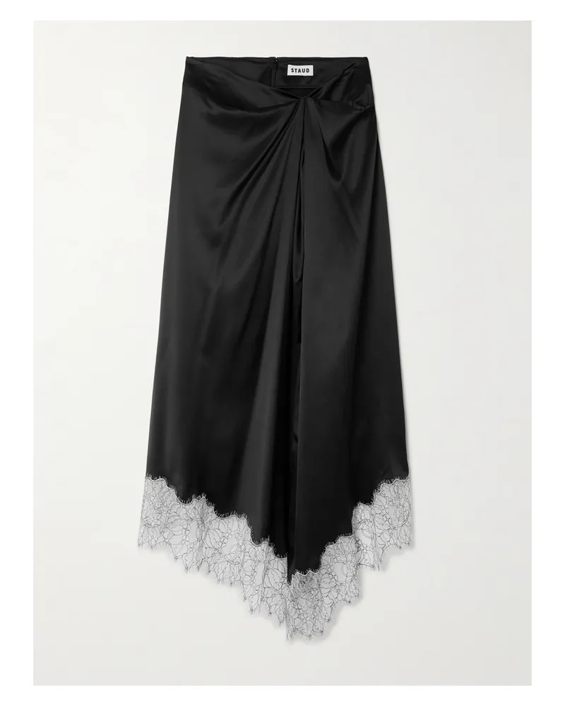 STAUD Sonoma Asymmetrischer Midirock Aus Satin Aus Einer Seidenmischung Mit Raffungen Und Spitzenbesatz - Schwarz Schwarz