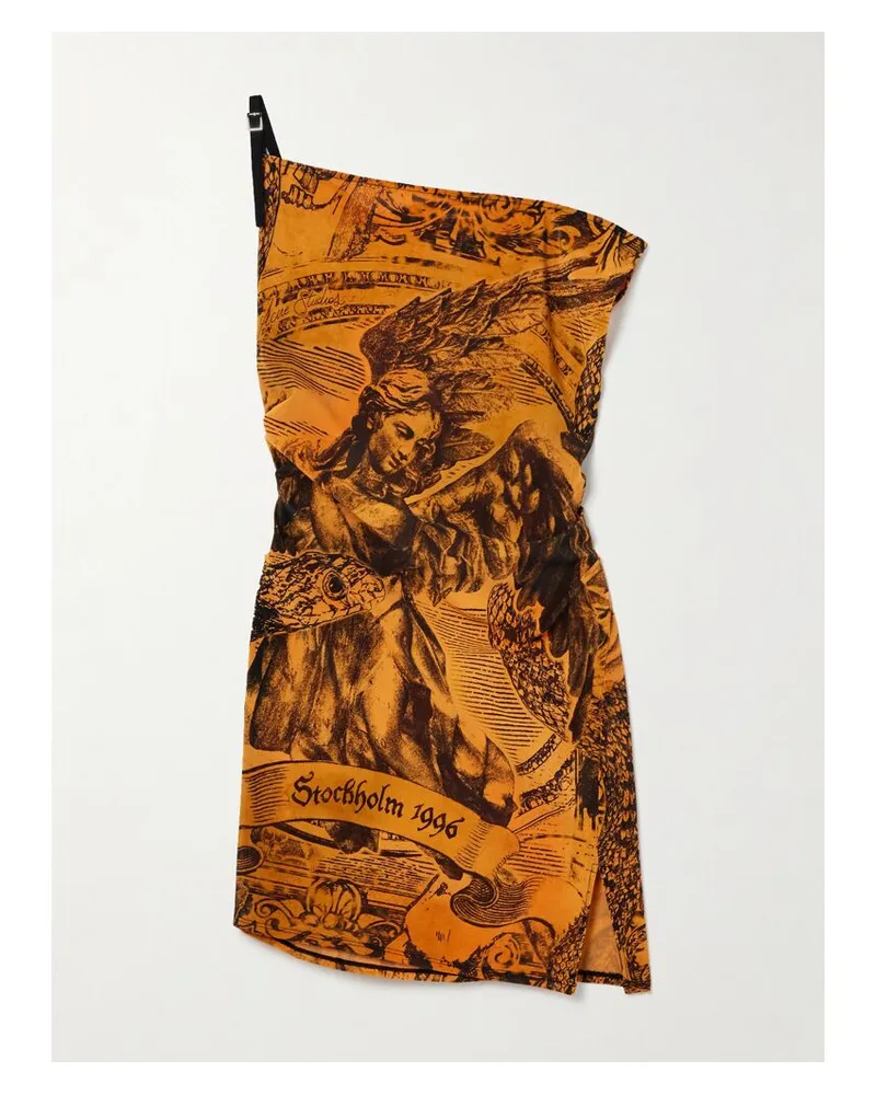 Acne Studios Schulterfreies Minikleid Aus Bedrucktem Stretch-mesh Mit Raffungen - Orange Orange