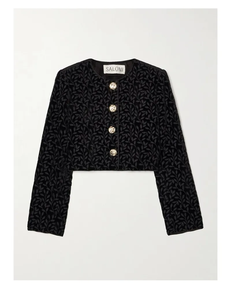 Saloni Vika Verkürzte Jacke Aus Samt Mit Jacquard-muster Und Satinbesätzen - Schwarz Schwarz