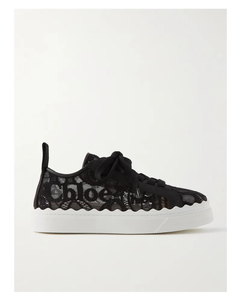 Chloé Lauren Scalloped Logo-detailed Lace And Leather Sneakers - Black Black