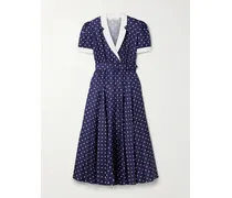 Midikleid Aus Seiden-twill Mit Polka-dots, Crêpe-de-chine-besätzen Und Gürtel - Blau