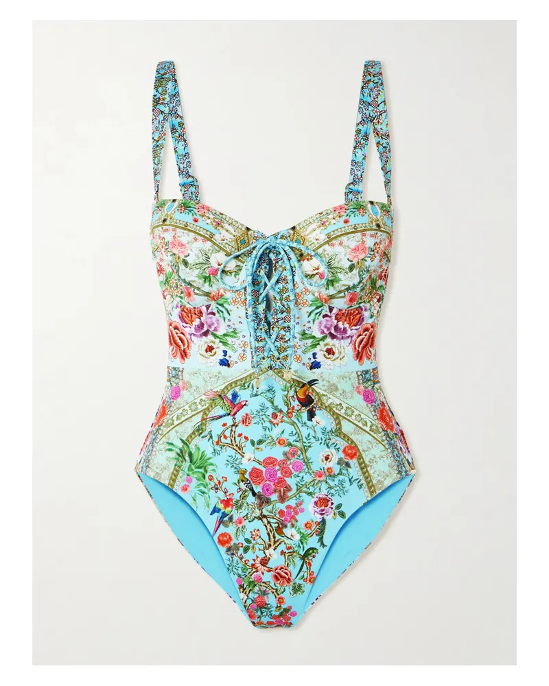 Camilla Lace-up Crystal-embellished Printed Recycled Swimsuit - Multi Multi
