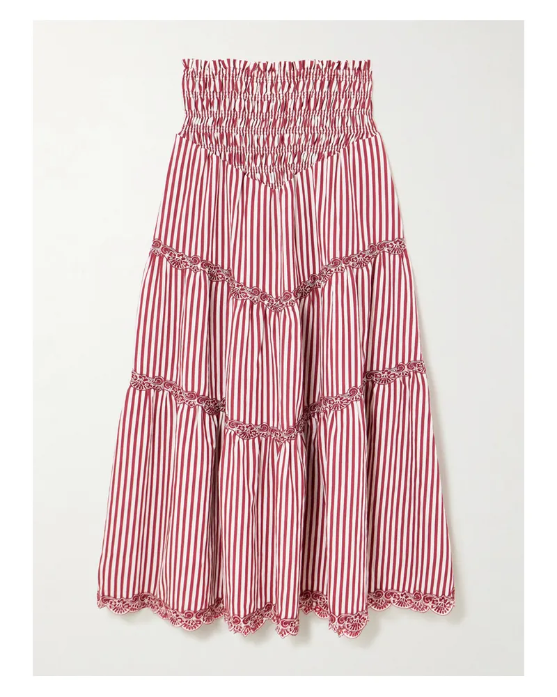 Loretta Caponi Ninfa Shirred Corded Lace-trimmed Striped Satin Maxi Skirt Red