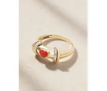 Warrior Venus Ring Aus 18 Karat Gold Mit Rhodiumauflage, Koralle Und Diamanten - Rot