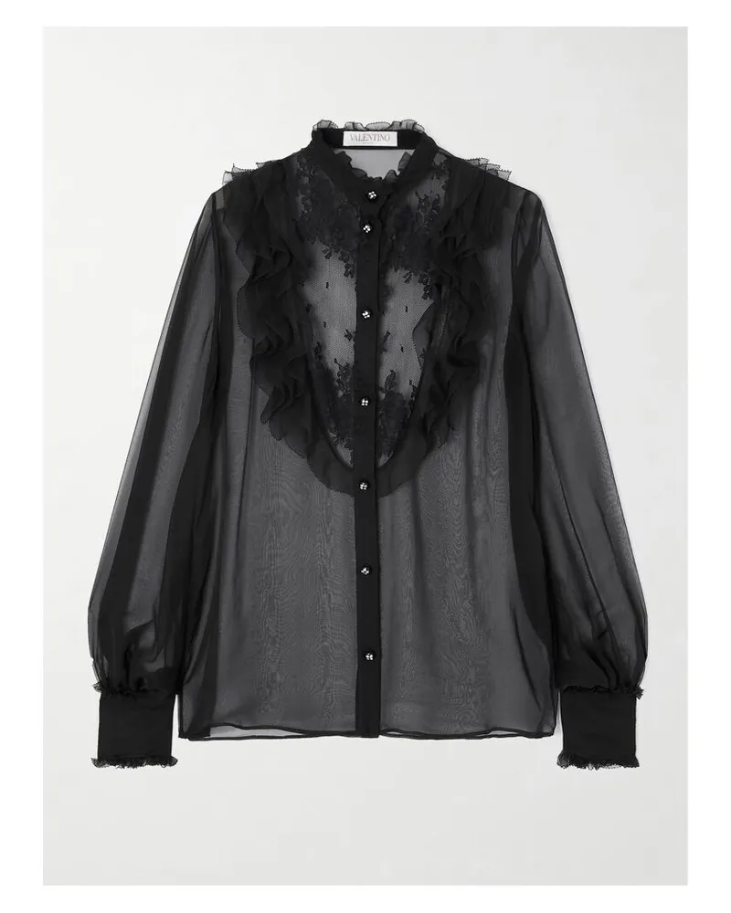 Valentino Garavani Bluse Aus Seidenchiffon Mit Spitzeneinsatz Und Volants - Schwarz Schwarz