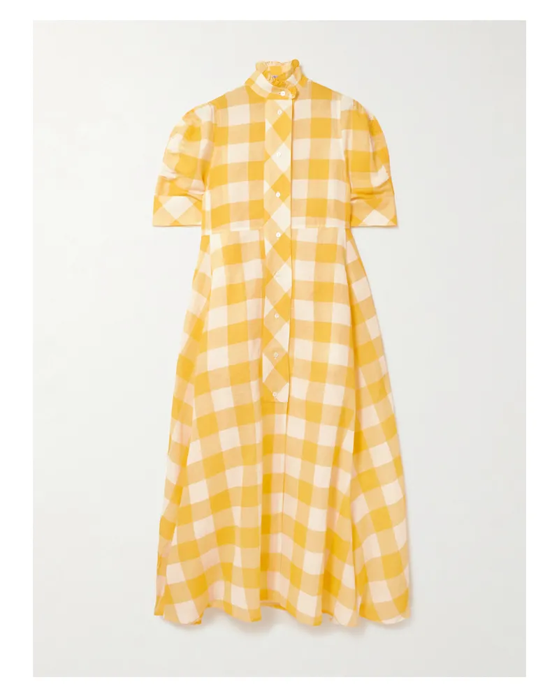 Thierry Colson Venetia Midikleid Aus Einer Baumwoll-leinenmischung Mit Gingham-karo Und Rüschen - Gelb Gelb