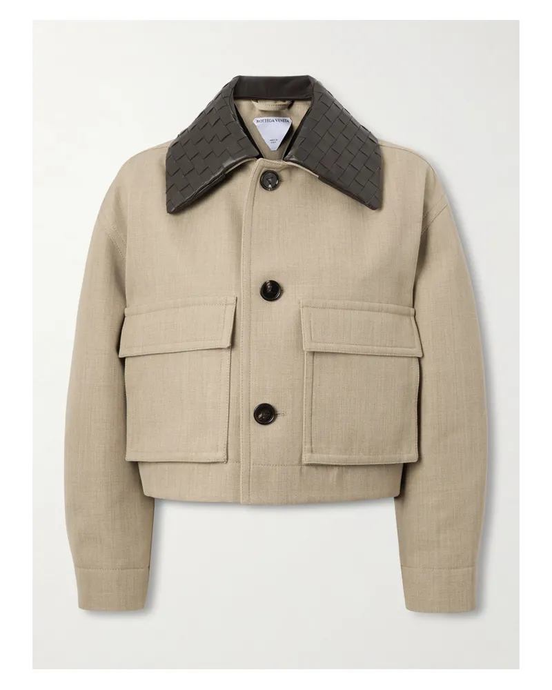 Bottega Veneta Verkürzte Jacke Aus Baumwoll-twill Mit Besatz Aus Intrecciato-leder - Neutral Neutral