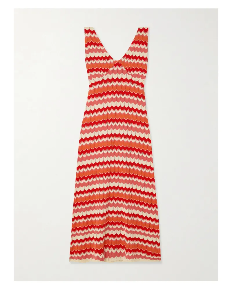 RIXO Sandrine Midikleid Aus Gestreifter Baumwolle In Lochstrick - Rot Rot