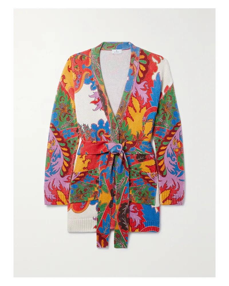 Etro Cardigan Aus Einer Seiden-leinenmischung Mit Paisley-print Und Bindegürtel - Blau Blau