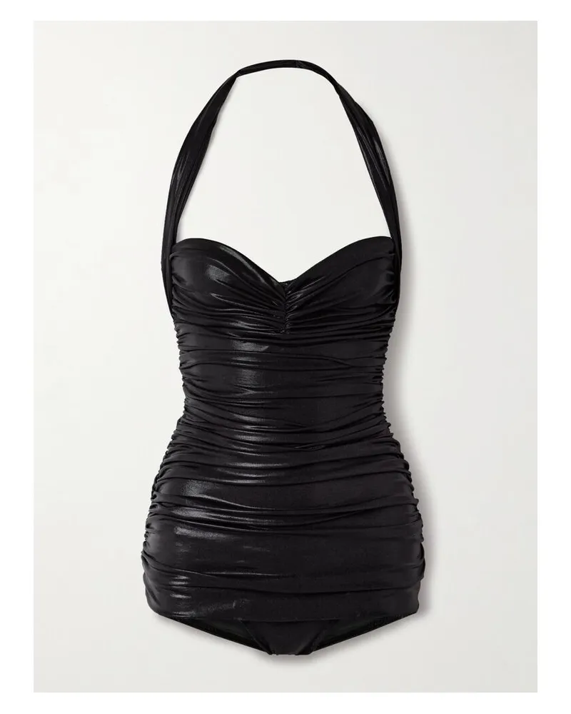 Norma Kamali Bill Mio Neckholder-badeanzug In Metallic-optik Mit Raffungen - Schwarz Schwarz
