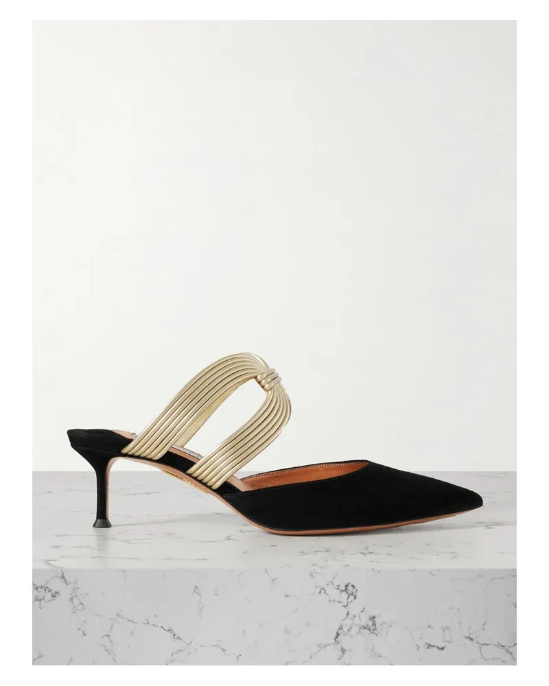 Aquazzura Escenia 50 Zweifarbige Mules Aus Synthetischem Metallic-material Und Veloursleder - Schwarz Schwarz