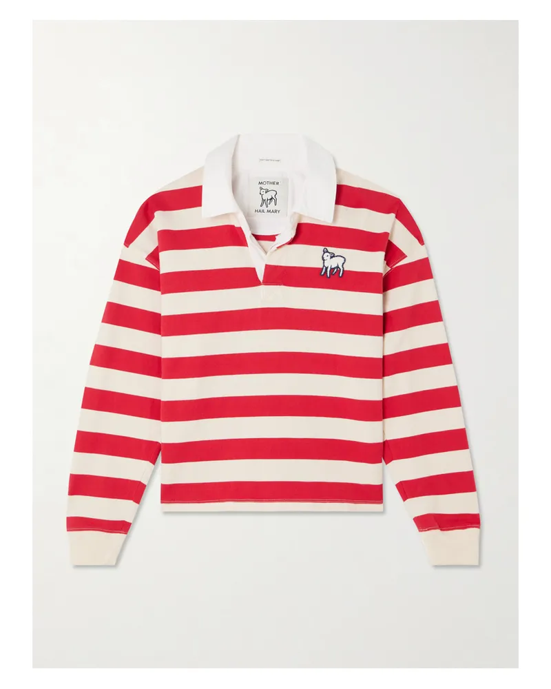 Mother The Boxy Match Appliquéd Striped Cotton-jersey Polo Shirt - Red Red