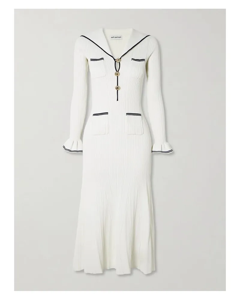 Self-Portrait Midikleid Aus Rippstrick Mit Streifen - Weiß Weiß