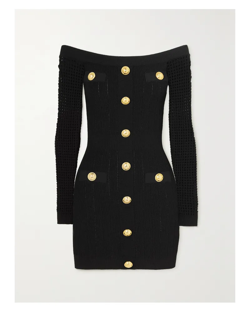 Balmain Schulterfreies Minikleid Aus Strick Mit Zierknöpfen - Schwarz Schwarz