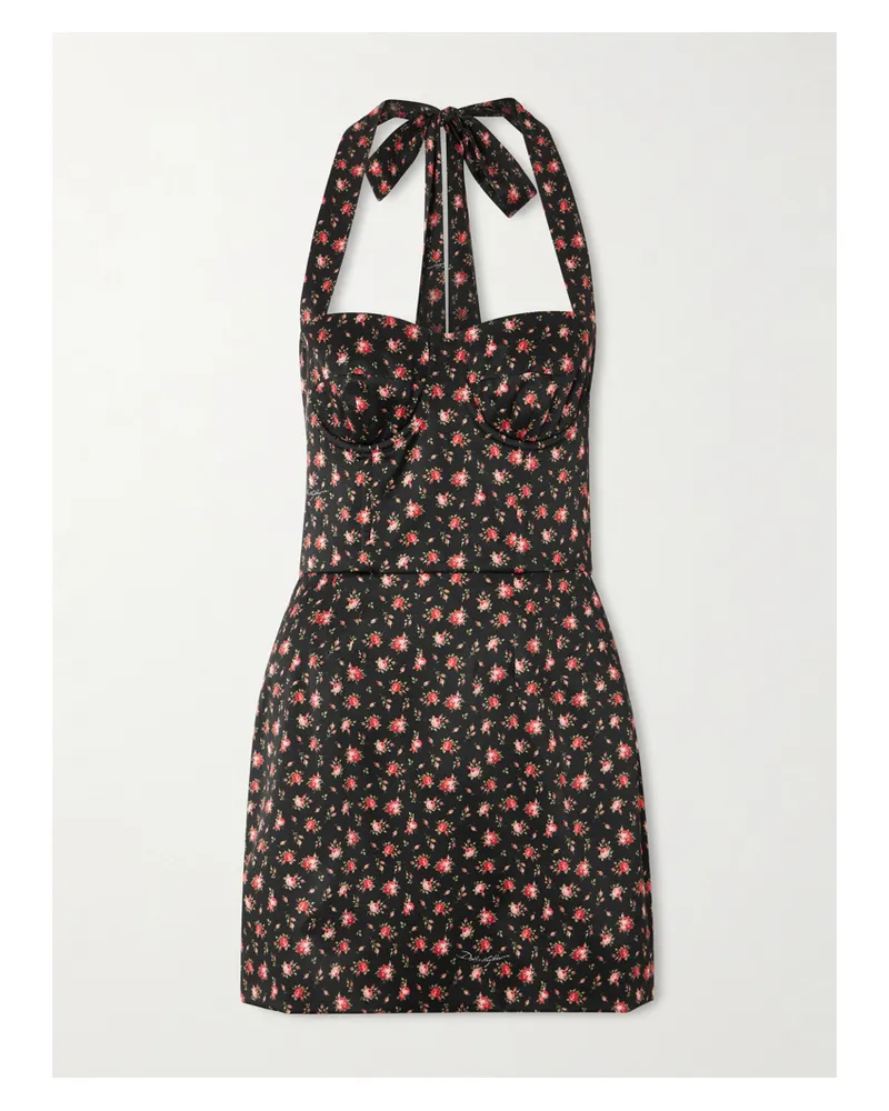 Dolce & Gabbana Neckholder-minikleid Aus Satin Aus Einer Seidenmischung Mit Blumenprint - Schwarz Schwarz