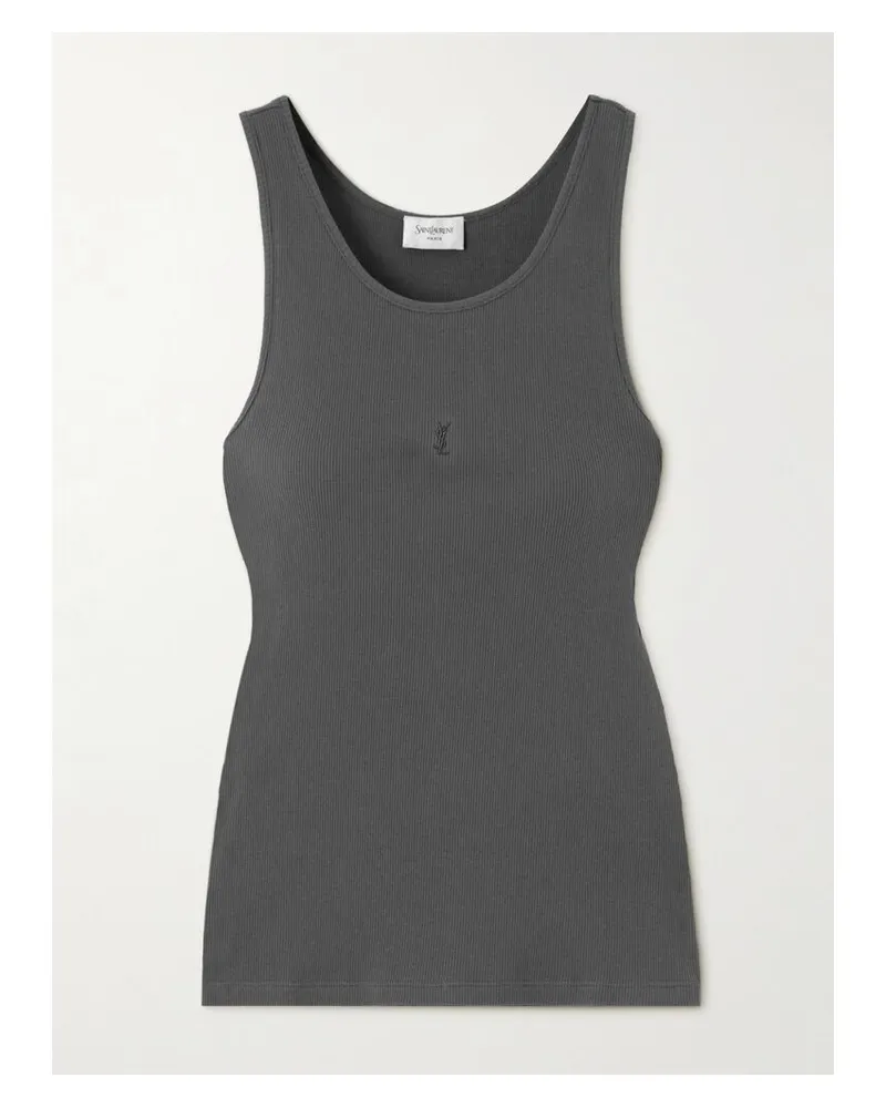 Saint Laurent Cassandre Tanktop Aus Geripptem Baumwoll-jersey Mit Stickerei - Grau Grau