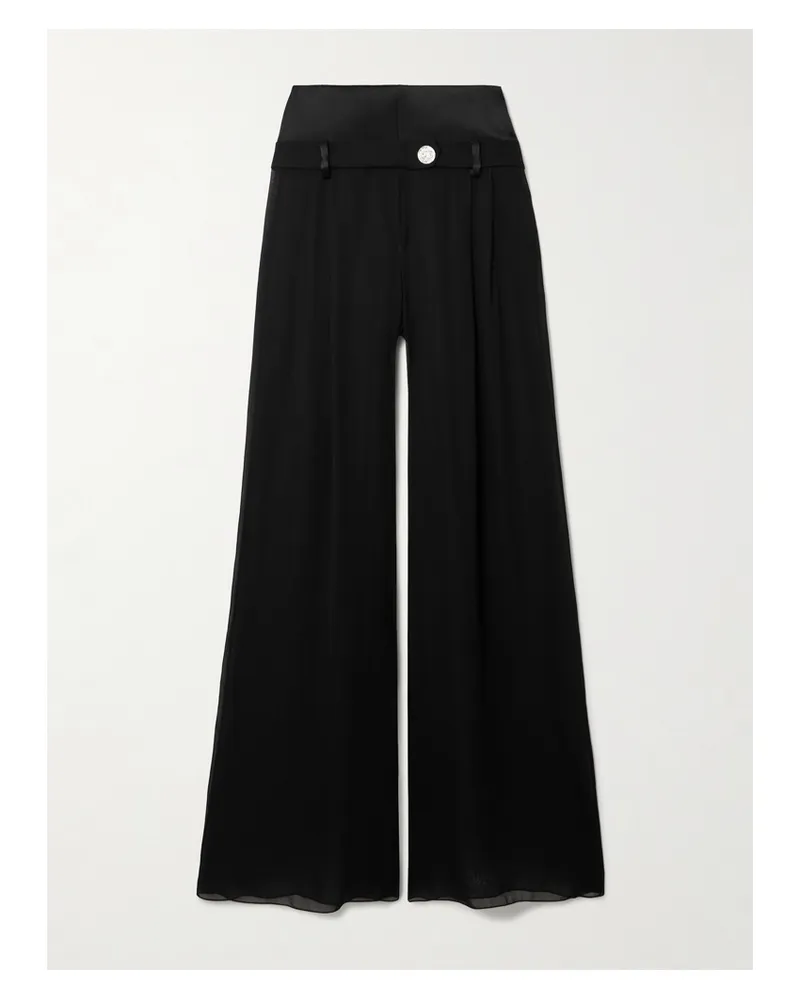 GALVAN Strata Embellished Satin-trimmed Georgette Wide-leg Pants - Black Black