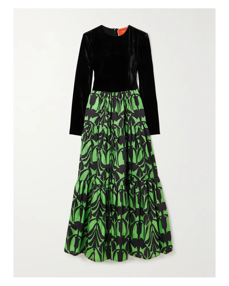 La DoubleJ Big Maxikleid Aus Samt Und Bedrucktem Twill - Grün Grün