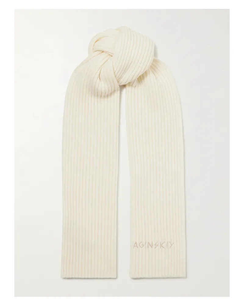 RUSLAN BAGINSKIY Embroidered Ribbed Merino Wool Scarf - Cream Cream