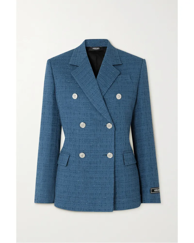 Versace Doppelreihiger Blazer aus Tweed aus einer Baumwollmischung in Metallic-optik Blau