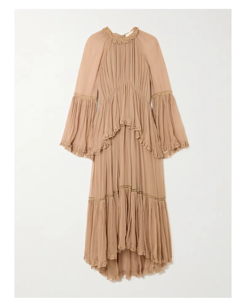 Zimmermann Hypnotic Midikleid Aus Crêpe De Chine Mit Stufen Und Spitzenbesätzen - Neutral Neutral