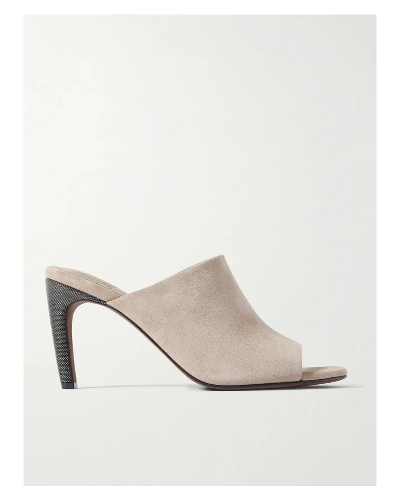 Brunello Cucinelli Bead-embellished Suede Mules - Gray Gray