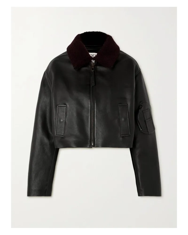 Loewe Verkürzte Jacke Aus Leder Mit Shearling-besatz - Schwarz Schwarz
