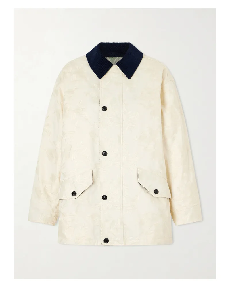 La DoubleJ Truffle Corduroy-trimmed Floral-jacquard Cotton-twill Jacket - Neutrals Neutrals