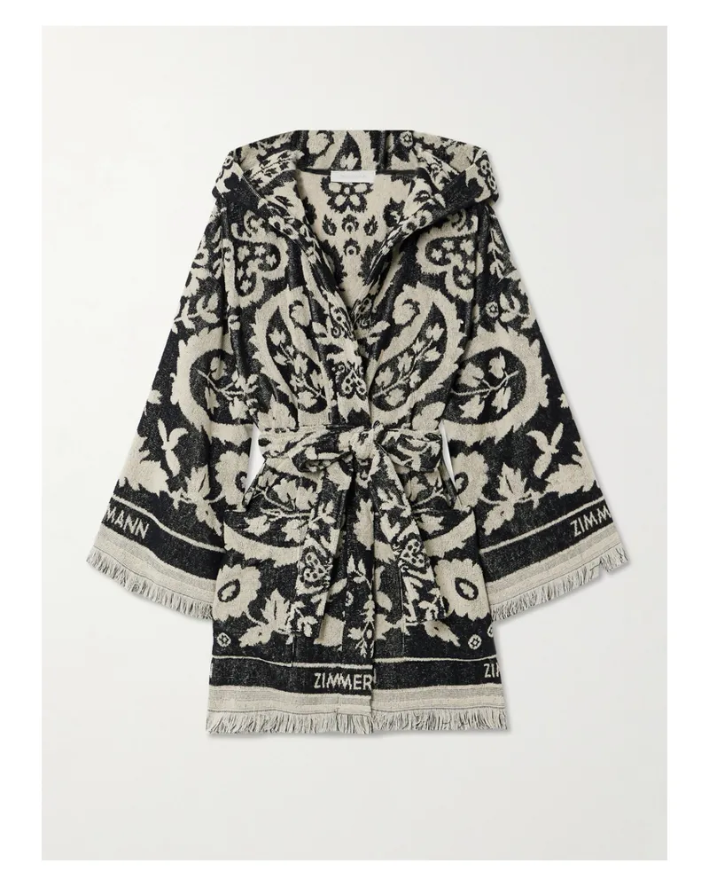 Zimmermann Wanderlust Bademantel Aus Baumwollfrottee Mit Jacquard-muster, Kapuze Und Fransen - Schwarz Schwarz