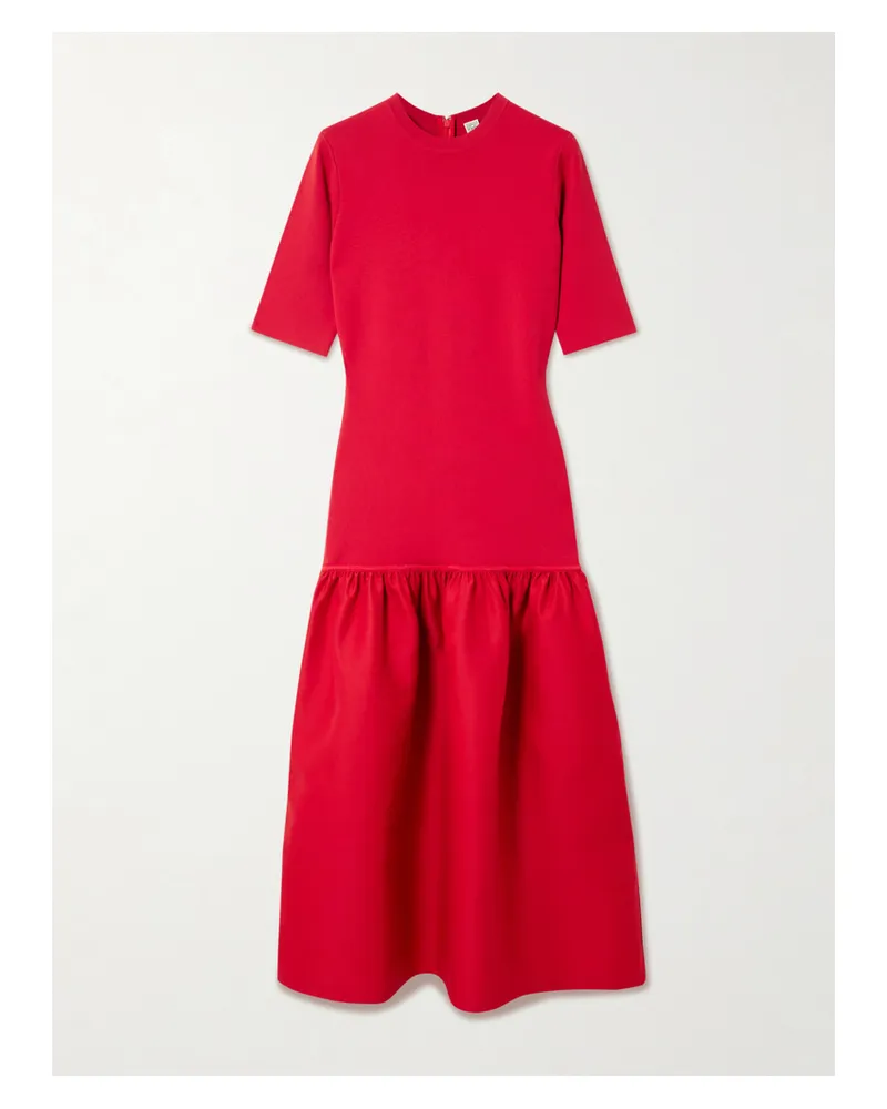 Totême Twinflower Gathered Ribbed-knit And Wool And Silk-blend Crepe Midi Dress Red