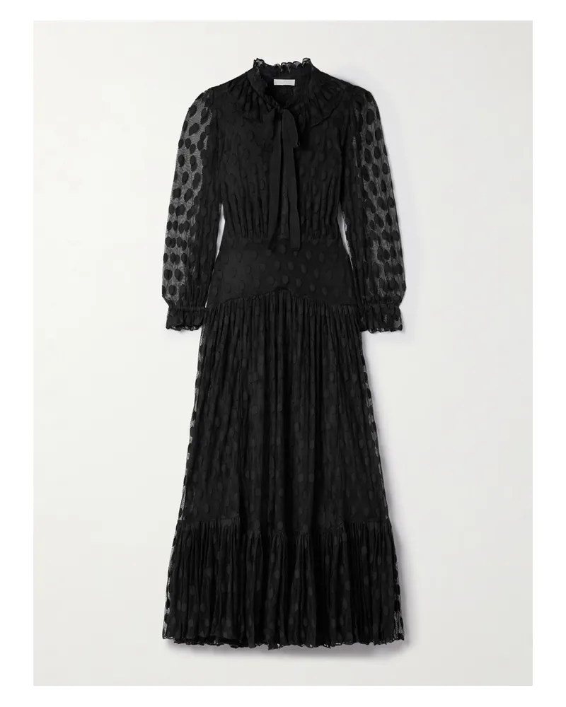 Ulla Johnson Carla Maxikleid Aus Mesh Mit Fil Coupé, Rüschen Und Schluppe - Schwarz Schwarz