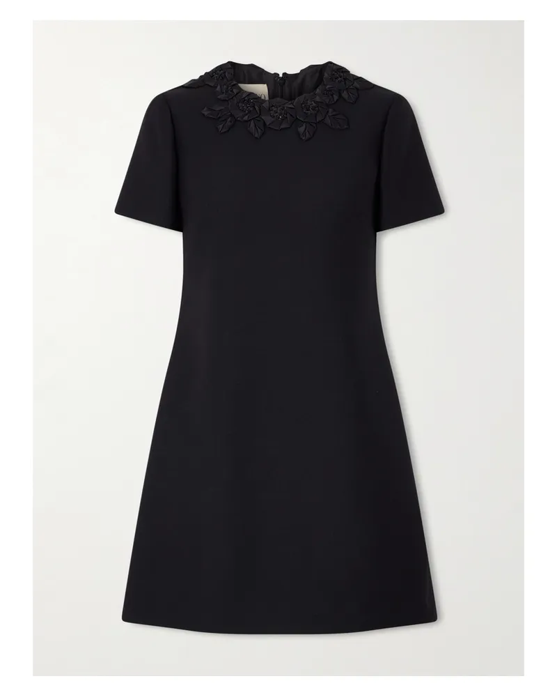 Valentino Garavani Embellished Silk-trimmed Wool And Silk-blend Crepe Mini Dress - Black Black